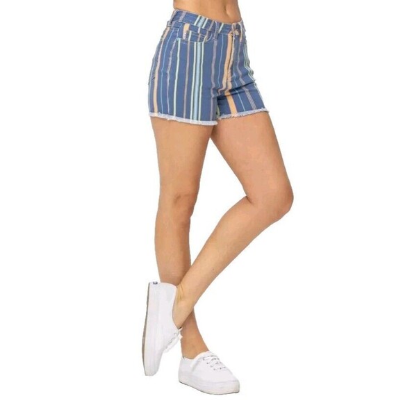 Judy Blue Peach Sunrise Striped Denim Shorts Size Small Fray Hem - Picture 1 of 5